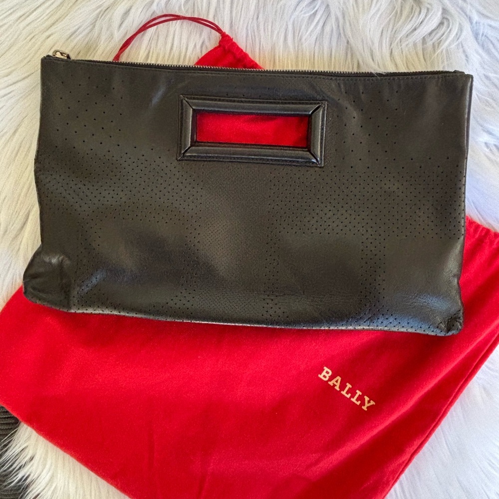 Bally Genuine Leather Black Perforated Clutch Bag with Handle Cutout